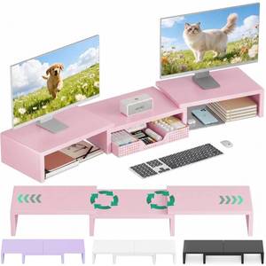 lot 1858 image: OPNICE Dual Computer Monitor Stand Riser, Desk Organizer with Drawer, Office Desk Accessories & Workspace Organizers for Home Office Supplies, Pink