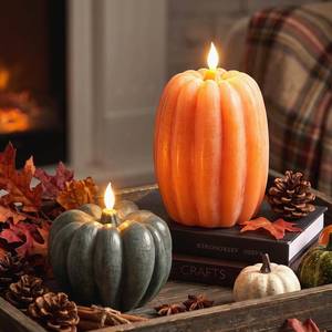 lot 1859 image: Baquler 2 Pcs Large Pumpkin Figural Flameless Candles with Timer Remote Control 4.7 x 6.7, 4.9 x 4.5 Battery Operated Flame LED Candle for Fall Thanksgiving Halloween Home(Green,Orange)