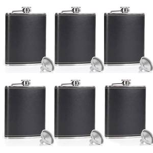 lot 1864 image: LHD HOME Hip Flasks for Men Women 6 pcs 8Oz Leather Flask Stainless Steel Flask with 6 pcs Funnels for Whiskey Rum Groomsman Best Man Usher Wedding Camping Birthdays