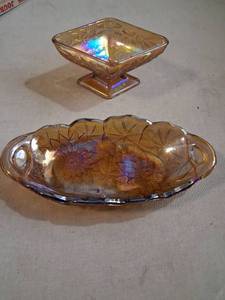 lot 19 image: Amber Glass Sunflower Serving Dishes 2-Piece Set with Iridescent Accents