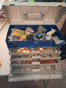 Fishing Tackle Box with Lures, Reels, Line, and Accessories
