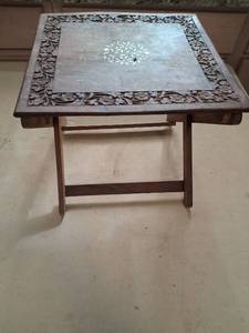 lot 72 image: Carved Wood Table with Inlaid Floral Design X-Frame