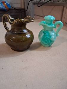 lot 81 image: Lot of 2 Decorative Pitchers with Carved Details Brown and Turquoise