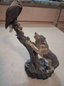 lot 92 image: Eagle and Wolf Figurine Sculpture on Branch Base