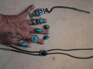 lot 98 image: Turquoise Jewelry Lot 8 Pieces Rings Bracelet Bolo Tie Stones
