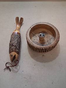 lot 99 image: Carved Wood Bird Decoy and Wooden Bowl with Spindle Two-Piece Lot