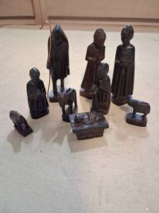 lot 101 image: Hand-Carved Wood Figurine Set 9 Pieces Human Animal Figures