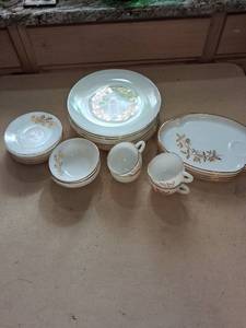 lot 106 image: Dinnerware Set with Brown Floral Botanical Design Gold Trim Dishes Plates Cups