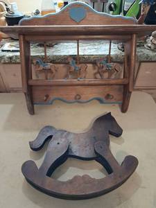 lot 112 image: Wooden Shelf with Horse Carousel Cutouts and Rocking Horse Toy