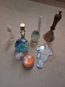 lot 144 image: Mixed Lot 8 Pcs Hand Bell Paperweights Hourglass Avon Cotillion Bottle Eggy Egg Timer