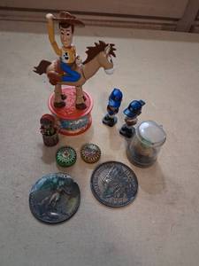 lot 145 image: Collectibles Lot Toy Story Figure Music Box, Baseball Bobbleheads, Coins, Bottle Caps
