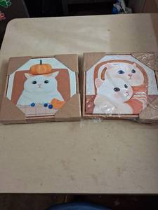 lot 151 image: Wall Art Canvas Prints White Cat Pumpkin Design Set of 2
