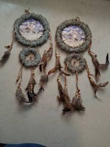 lot 157 image: Dream Catcher Pair with Wolf Print Center and Feather Tassels