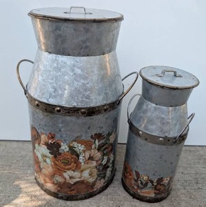 Metal Lidded Containers with Floral Decal and Metal Bands - 2 ct- new