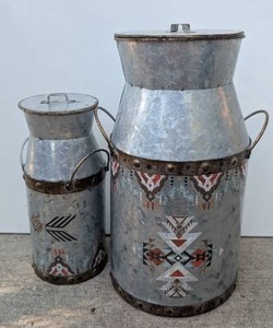lot 1001 image: Metal Milk Cans with Lids and Decorative Geometric Pattern - 2 ct- new