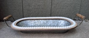 lot 1504 image: Oval Galvanized Metal Tray with Wooden Handles and White Beaded Trim