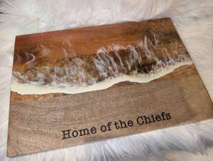 lot 3100 image: Handmade Home of the Chiefs Wood Art with Resin Wave Design - new