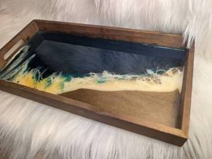 lot 3110 image: Handmade Resin Beach Design Wooden Tray- new