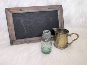 lot 3517 image: Masons Patent Pint Jar with Metal Pitcher and Chalkboard Frame Lot