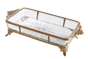 lot 4024 image: Decorative Glass TrayDish with Metal Frame and Handles- new