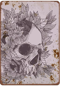 lot 4104 image: Skull Floral Line Art Metal Sign- new