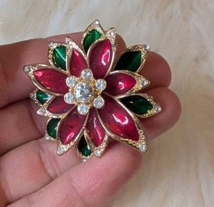 lot 4529 image: Flower Brooch Red Green Enamel Rhinestone Gold Tone