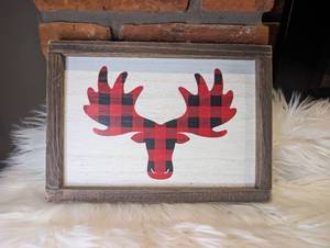 lot 5710 image: Framed Wood Wall Art Plaid Moose Head