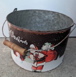 lot 5803 image: Merry Christmas Metal Bucket with Handle and Wood Grip- new