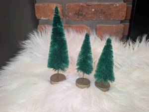 lot 6004 image: Dark Green Bottle Brush Trees Set of 3 with Wood Base