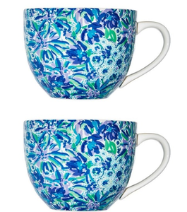 lot 4032 image: Lilly Pulitzer 2 Ceramic Mugs Blue Floral Print- new