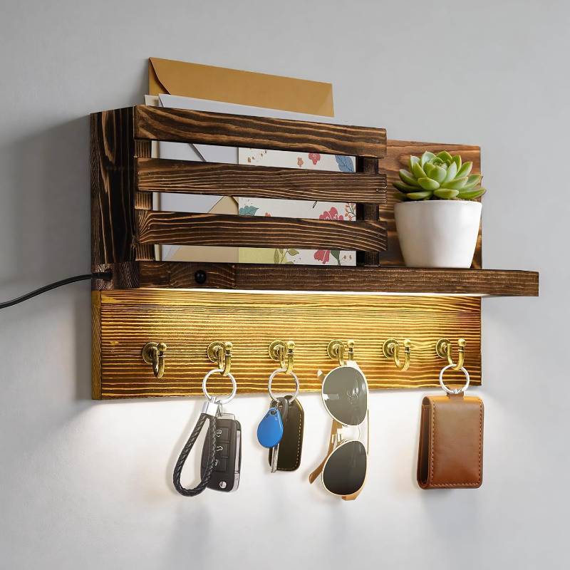 lot 48299 image: Human Body Motion Sensor Lights Indoor Key Holder Wall Mount Key and Mail Storage Holder for Wall with 6 Hooks Key Rack for Entryway Home Decor with Motion LED