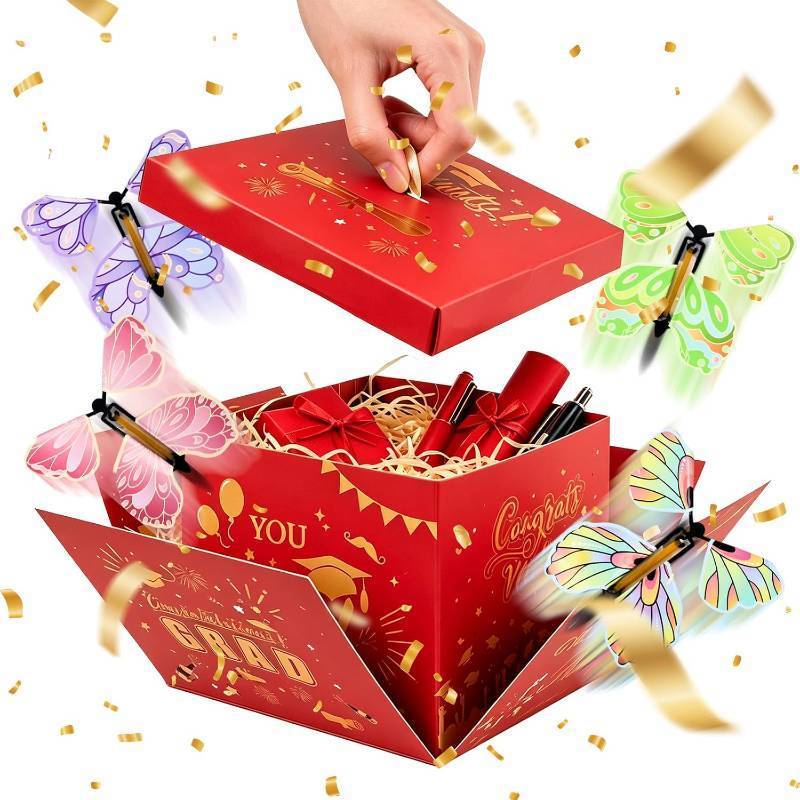 lot 48440 image: Red Graduation Butterfly Gift Box,  Red Reusable DIY Unique Gift Box with Surprise Flying Butterfly for Graduation, Birthdays, Winter, Wedding Party Decoration