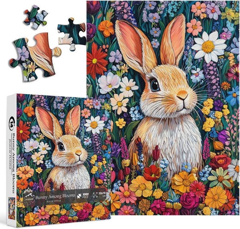 lot 48463 image: PICKFORU Bunny Puzzles for Adults, Spring Flower Jigsaw Puzzles 1000 Pieces Rabbit Garden, Colorful Easter Puzzle as Flower Wall Art