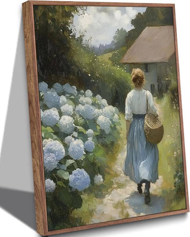 lot 48465 image: Framed Vintage Cottage Garden Wall Art, Woman and Blue Hydrangeas 8x10in