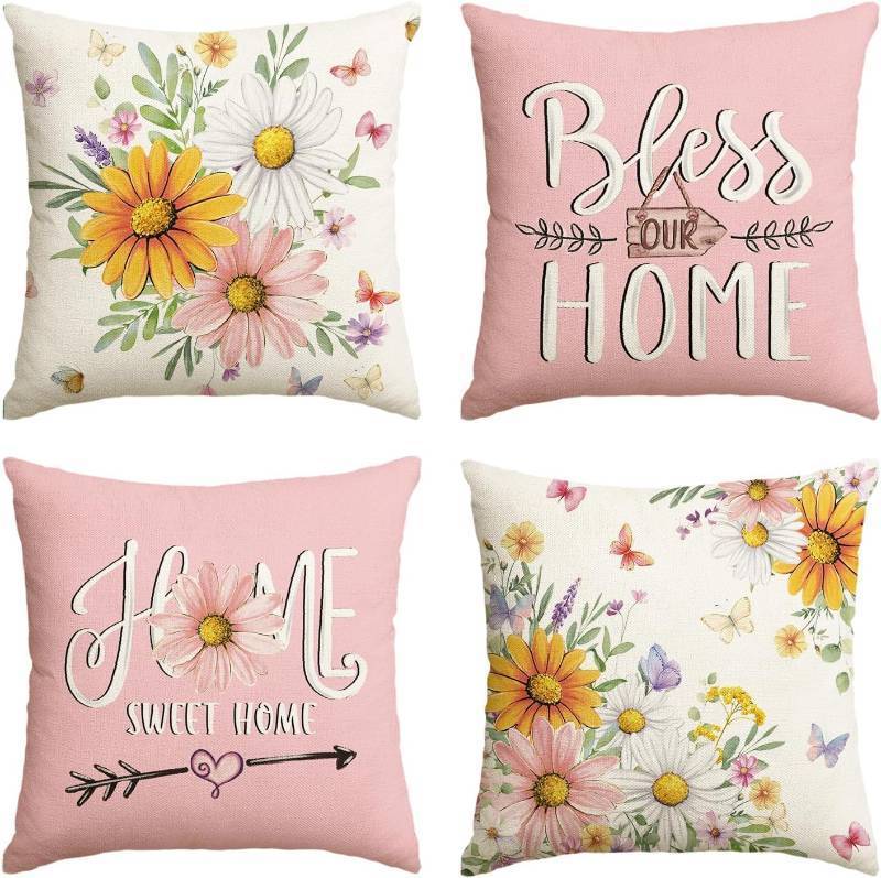 lot 48504 image: LOT OF FIVE PACKS OF - AVOIN colorlife Spring Little Daisy Throw Pillow Covers, 20 x 20 Inch Bless Our Home Sweet Home Butterfly Pink SummerCushion Case Decoration for Sofa Couch Set of 4