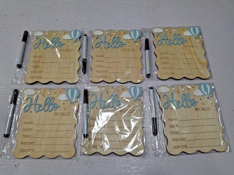 lot 48519 image: LOT OF SIX - Wooden Hello World Newborn Welcome Sign, Baby Announcement Sign