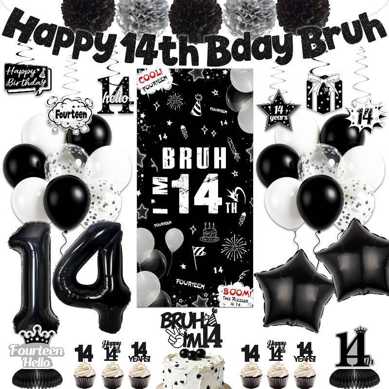 lot 48524 image: Black 14th Birthday Party Decorations - Happy 14th Bday Bruh Decoration Banner with Door Banner Hanging Swirls Balloons Cake Topper, Bruh Im 14 Fourteen Years Old Birthday Party Supplies for Boys