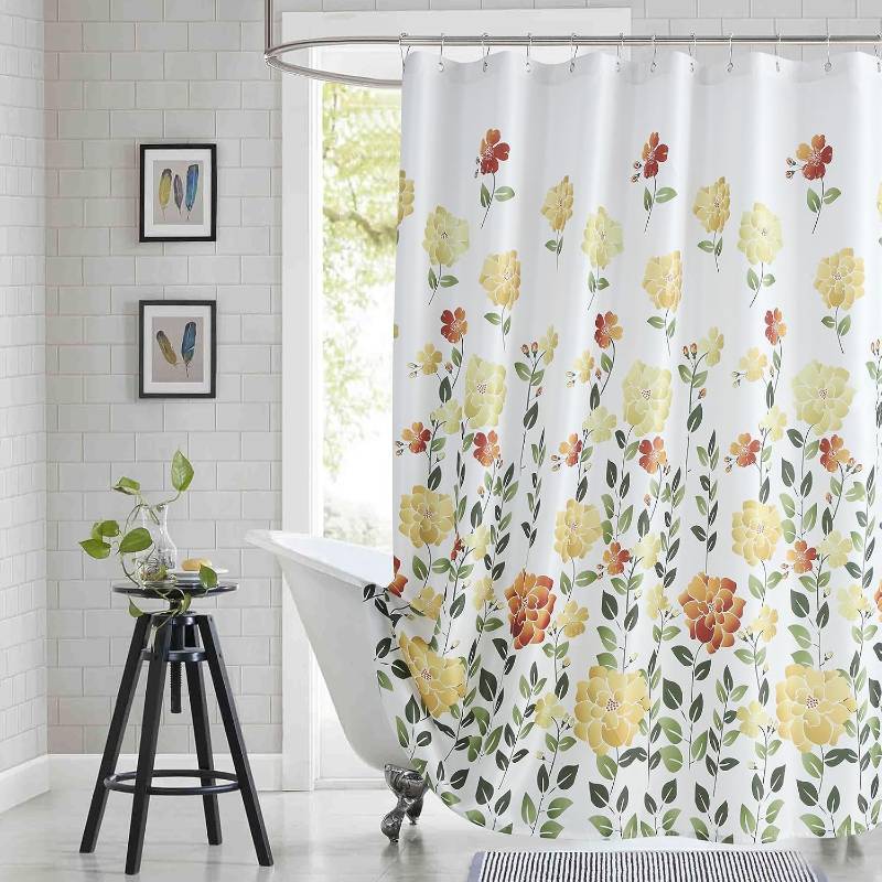 lot 48545 image: Long Fabric Floral Shower Curtain, Yellow Orange Green Flower Shower Curtains for Bathroom, Waterproof Bathroom Curtains, 72 W x 78 H