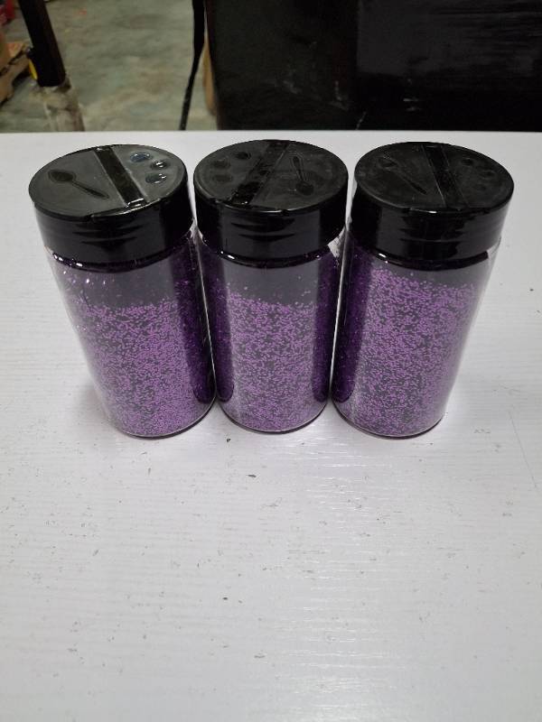 lot 48555 image: Three boytles Craft Glitter Powder Set, Extra Fine Glitter for Resin Art Crafts Tumbler Scrapbook Jewelry Making, Body Face Hair Glitter, three bottles of purple