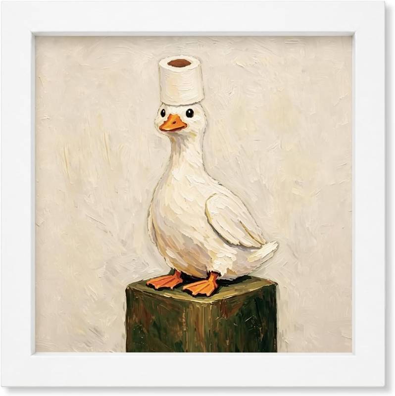 lot 48575 image: Cute Silly Goose Bathroom Wall Decor for Home Dorm, Cute Silly Goose Framed Prints Hanging Decor for Bathroom Washroom Restroom, Vintage Funny Wall Art Decorations, 7x7 inch