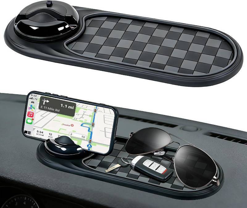 lot 48595 image: Universal Anti-Slip Car Dashboard Mat with 360  Rotating Phone Holder   Multi-Functional Organizer Pad for Phones, Sunglasses, Keys, and Daily Essentials (Gray Black)