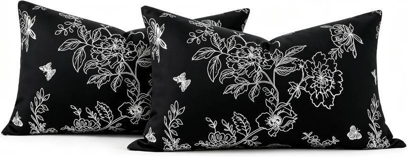 lot 48365 image: Black Silver Decorative Pillows 12x20 Velvet Modern Floral Silver Pillow Covers Modern Luxury Silver Textured Square Pack of 2 Pillowcases Cozy Soft for Car Sofa Bedroom Office Patio - BLACK  GOLD