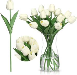 lot 34868 image: Thiccywoov 20pcs Artificial Tulips 14 PU Fake Flowers Tulips with Vase for Spring Mothers Day Home Wedding Bouquet Easter Party Centerpiece Decorations(Cream White)