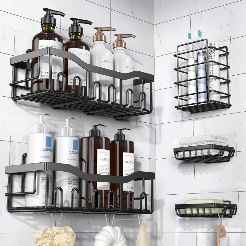 lot 46993 image: Adhesive Shower Caddy, 5 Pack Rustproof Stainless Steel Bath Organizers With Large Capacity, No Drilling Shelves for Bathroom Storage & Home Decor - Retail $20