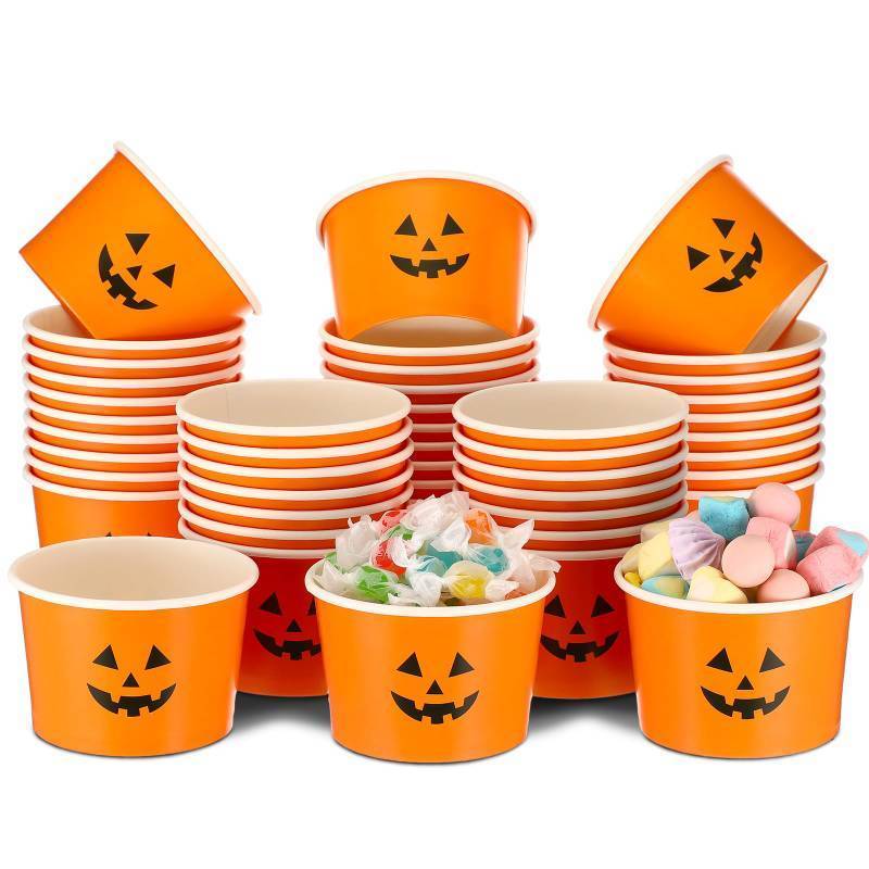 lot 47033 image: 48 Pcs Halloween Pumpkin Paper bowl Cups 9 Oz Disposable Snacks Cup - Retail $20