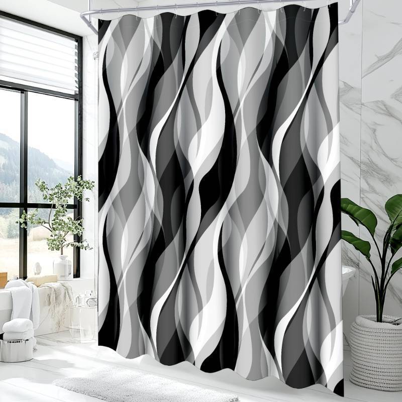 lot 58768 image: White and Grey Shower Curtain for Bathroom White and Black Shower Curtain Fabric Modern Abstract Striped Minimalist Bath Curtains Waterproof Shower Curtains Set, Black Gray White, 72 x 72 Inch - Retail $22