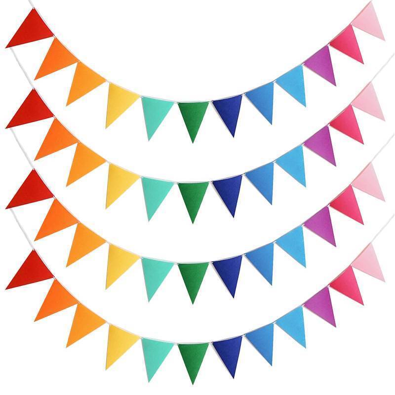 lot 73429 image: 4Pack 48PCS Colorful Pennant Banner Flags with 8.2ft Ribbon, Rainbow Felt Bunting Triangle Flags Party Decor for Birthday, Baby Shower, Nursery, Playroom, Wedding, Garden, Photo Backdrop - Retail $9