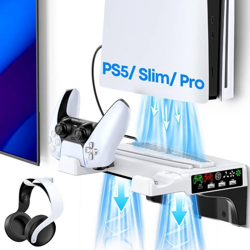 lot 29077 image: PS5SlimPro Wall Mount Kit with Cooling Fan & Charging Station, PS5 Shelf Floating Mount for All PlayStation 5SlimPro Disc & Digital Console, PS 5 Wall Bracket Behind TV, PS Five Pro Accessories - Retail $32