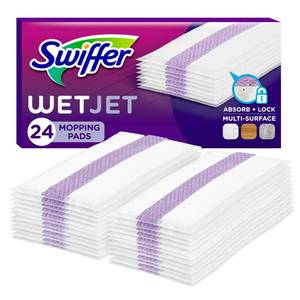 lot 29189 image: Swiffer WetJet Hardwood Floor Cleaner Spray Mop Pad Refill, Bathroom Cleaning Supplies, Hardwood Floor Cleaner, Multi Surface, 24 Count - Retail $15