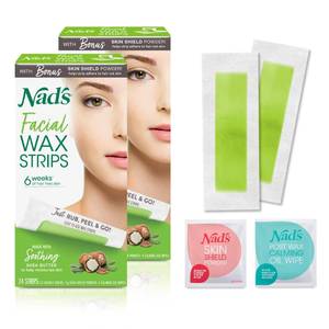 lot 29262 image: Nads Facial Wax Strips for Hair Removal - No Heat, No Mess, With Skin Shield, With Shea Butter and Vitamin E, For Lip, Chin and face waxing at home, 48 at home wax strips - Retail $11
